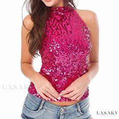 Lasaky - Sleeveless Bar High-Neck Sequin Top for Singers and Performers with Neck Strap Basic Crop Tops, Sequin Vest, Look Rose, Turtle Neck Crop Top, Sequin Sleeve, Sequin Crop Top, Beach Wear Outfits, Crop Top Casual, High Neck Sleeveless