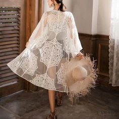 Lasaky - Beach Vacation Loose Lace Mesh Seven-point Sleeve Embroidered Hollow Out Long Sun Protection Shirt White Mesh, Crochet Trim, Swimwear Outfit, Beach Shirts, Style Boho, Bohemian Chic, Coat Fashion, Kimonos, Long Sleeve Sweatshirts