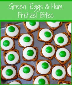 green eggs and ham pretzel bites on a baking sheet