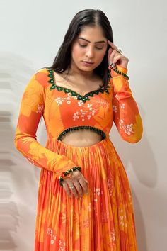 Yellow, orange padded anarkali with bloom print and sequin, mirror, crystal drops embroidered neckline and waist in front. Paired with border embroidered dupatta. - Aza Fashions Orange Fitted Choli With Resham Embroidery, Fitted Orange Choli With Resham Embroidery, Designer Wear Orange Lehenga With Mirror Work, Designer Orange Lehenga With Mirror Work, Party Orange Choli With Resham Embroidery, Designer Orange Choli With Dupatta, Floor-length Orange Choli With Resham Embroidery, Festive Designer Orange Choli, Bollywood Style Designer Orange Sets