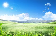 the sun shines brightly over an open field with green grass and hills in the background