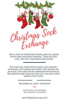 a christmas sock exchange flyer with stockings hanging from the tree and bells on it's sides