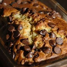 a loaf of chocolate chip bread in a plastic container