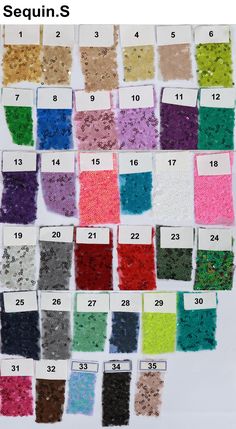 the colors of sequins are arranged in rows on a white background with numbers