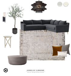 a living room with grey furniture and accessories on the floor, including a gray sectional couch