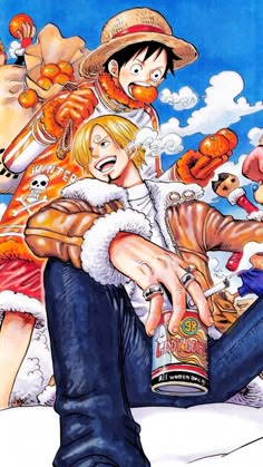 one piece characters are posing for the camera while another character is holding up a beer