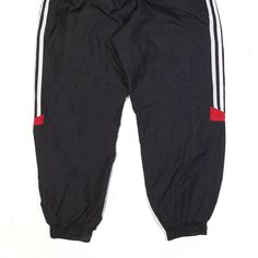 Item is in good used condition. > Size: XL > Waist Size (Un-Stretched): 22" > Inside Leg: 24" > Rise: 12" > Hem: 12" Urban Black Bottoms For Jogging, Black Three Stripes Bottoms For Streetwear, Black Sports Pants With Three Stripes, Sporty Black Bottoms With Adidas Three Stripes, Sporty Black Bottoms With Three Stripes Branding, Black Jogging Sweatpants With Three Stripes, Black Sweatpants With Three Stripes For Jogging, Sporty Black Pants With Three Stripes, Black Sportswear Bottoms With Three Stripes Branding