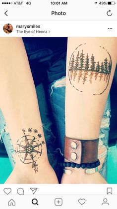 two people with tattoos on their arms and one has a compass tattoo on the wrist