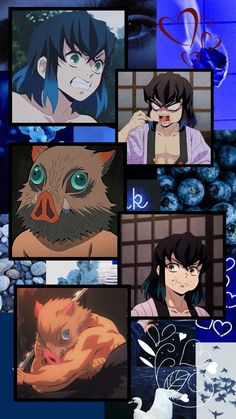 anime character collages with blue eyes and an owl in the middle one has green eyes