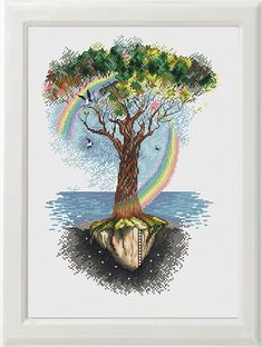 a cross stitch picture of a tree with rainbows in the background and water below