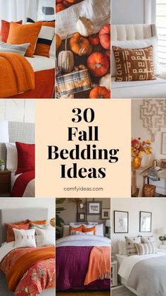 orange and white bedroom decor with text overlay that reads 30 fall bedding ideas