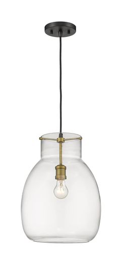 a clear glass pendant light hanging from a ceiling fixture with a black metal rod and an antique brass finish