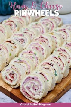 ham and cheese pinwheels on a cutting board with the title text overlay