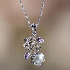 Spread Happiness! Pearl And Amethyst, Minimalist Necklace Silver, Amethyst Flower, Pearl Pendant Necklace, Necklace Online, Amethyst Necklace, Flower Pendant, Flower Necklace, Cultured Pearls