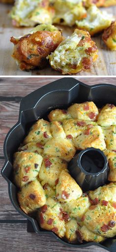 a pan filled with food sitting on top of a wooden table