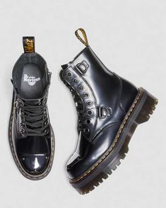 For 10 years, the Jadon boot has emboldened experimental wearers to break boundaries and stand tall. This new rework is an ode to our subversive heritage. The Jadon Alt is built from supple black Buttero leather and fitted with oversized gunmetal hardware: D-rings, 11mm eyelets and a metal toe plate. The 8-eye boot is stacked on our renowned 2 inch Quad Retro sole, secured with our signature yellow welt stitching, and tagged with a black and yellow AirWair heel loop. A fearless evolution of our Building Closet, Dr Martens Jadon Boots, Jadon Boots, Dr Martens Jadon, Fred Perry Shirt, 2020 Vision, Ankle Rain Boots, Black Platform Boots, Boots Uk