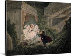 a painting of a woman laying in bed next to a man