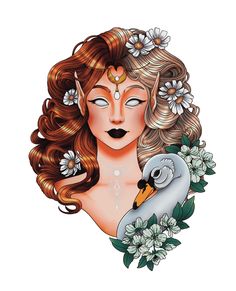 a woman with long hair and flowers on her head is holding a swan in front of her face