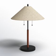 a lamp that is on top of a wooden base with a light shade over it