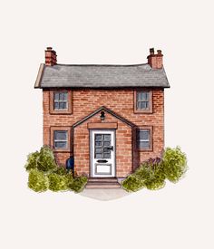 a drawing of a brick house with a white front door