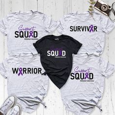 Stand strong with our Support Squad Alzheimer's Awareness Tshirt, a powerful statement of solidarity with Alzheimer's warriors everywhere. Adorned with the emblematic purple ribbon, this Purple Ribbon Personalization Alzheimer Warrior Shirt embodies resilience, hope, and unity. What sets this shirt apart is its personal touch - you can customize it with your own message of support or a name, making it a cherished keepsake. Every wear is a testament to the strength of Alzheimer's survivors and their unyielding spirit. Join the squad, wear Alzheimer's Survivor Tee with pride, and let's raise our voices for Alzheimer's awareness together. All sizes for Toddler T-Shirts are in stock. Please check the Toddler T-Shirt size chart before placing your order. You can write the desired size in the no Purple T-shirt For Awareness Events With Letter Print, Purple T-shirt With Letter Print For Awareness Events, Purple Casual Top For Awareness Events, Casual Purple Top For Awareness Events, Alzheimer's Awareness, Awareness Tshirts, Warriors Shirt, Stand Strong, Purple Ribbon