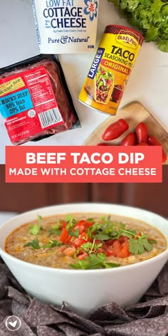 beef taco dip made with cottage cheese in a white bowl and tortilla chips