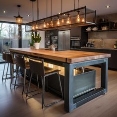 a kitchen island with lights hanging above it