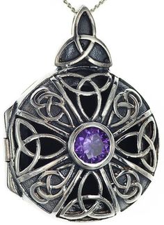 Amethyst Silver Celtic Knot Locket Necklace Purple Amulet Jewelry As A Gift, Purple Amulet Style Jewelry Gift, Purple Amulet Jewelry As Gift, Spiritual Nickel-free Jewelry With Round Stone, Amethyst Amulet Jewelry As Gift, Amethyst Amulet Jewelry For Gifts, Antique Gemstone Jewelry For Memorial, Collectible Amethyst Jewelry, Ornate Sterling Silver Purple Jewelry