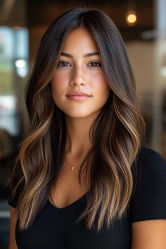 Balayage Inspiration: 16 Color Ideas for Brunette Hair Brunette Coffee Balayage, From Blonde To Dark Brown Hair, Light Brown Hair With Ombre, Balayage Long Brown Hair, Summer To Fall Brunette Hair, Straight Fall Hair Color, Partial Baylage Brunette, New Hair For Brunettes, Unique Dark Hair Color Ideas Brunettes