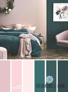 a bedroom with pink and teal colors on the walls