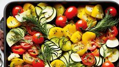 a tray filled with lots of different types of vegetables