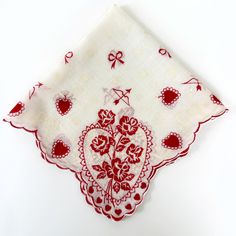 Vintage Valentines Day handkerchief...this has scalloped edges and features roses, hearts, bows, and cupids bow. Of a lightweight cotton in red and white. Measures 13" X 13 1/2"  In good, preowned, vintage condition with no holes, stains, or funky odors. We are happy to ship internationally and combine shipping. Red Cotton Handkerchiefs For Gifts, Red Cotton Handkerchiefs As Gift, Vintage Cupid, Vintage Valentines Day, Valentines Wedding, February Wedding, Wedding Poster, Vintage Handkerchief, Cupids Bow