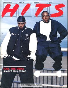 two young men standing next to each other on top of a cover of hits magazine