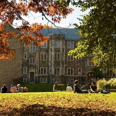 people sitting on the grass in front of a large building