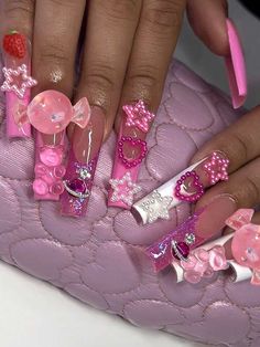 Fake Nails Long, Coffin Press On Nails, Nail Candy, Really Cute Nails, Pink Acrylic Nails, Girls Nails, Stick On Nails, Nailed It, Nail Charms