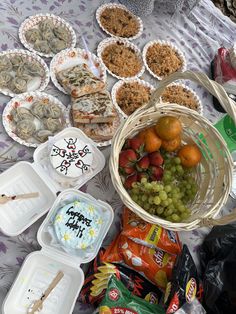 a table topped with lots of food on top of a purple and white table cloth