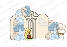 a winnie the pooh birthday card with balloons and a teddy bear sitting in front of it