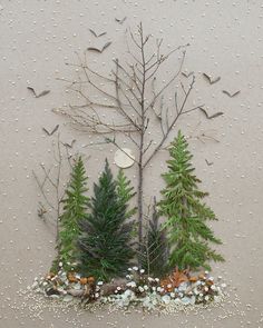 a group of trees sitting next to each other on top of a sandy ground with birds flying over them