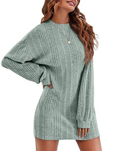 PRICES MAY VARY. 【Warm Ribbed Knit Material】: Ekouaer long sleeve nightgown for women are made of 97% Polyester, 3% Spandex, which is stretchy and soft fabric, so there is no limit to the figure. 【Fashion Features】: The winter cozy night shirts has ribbed knit, long lantern sleeve, round neck, drop shoulder. This warm house dresses hits mid-thigh and offers soft as a quilt feel against your skin, ensuring a cozy and delightful experience during your leisure time. 【Matching】: The knee length slee Knitted Winter Dress, Casual Knit Dress, Chic Sweaters, Sweater Dress Women, Versatile Outfits, Crewneck Dress, Clothing Hacks, Art References, Basic Style