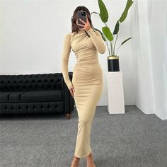 Olivia Mark - Solid Color Bodycon Midi Dress Full Sleeve Maxi Dress, Clothes Girl, Elegant Party Dresses, Retro Mode, Bodycon Maxi Dresses, Autumn Dress, Khaki Dress, Women Maxi, Hip Dress