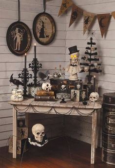 a fireplace with halloween decorations on it