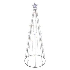 a metal christmas tree with lights on it's sides and a star hanging from the top