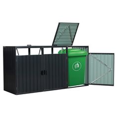 a green trash can sitting next to a black metal fence with a sliding door on the side