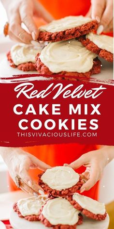 red velvet cake mix cookies with white frosting on top and two hands grabbing one