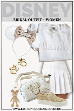 the bride outfit is white and has mickey mouse ears on it, including a handbag