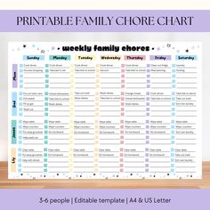 the printable family chore chart is shown on top of a table with purple and blue