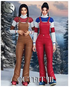 two women standing next to each other in the snow wearing overalls and ski boots