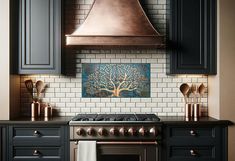 a stove top oven sitting under a copper hood in a kitchen next to black cabinets