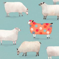 several sheep with polka dots on them are standing in the middle of a blue background