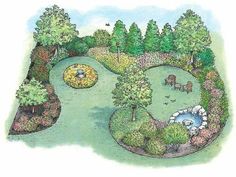 a drawing of a garden with animals in it